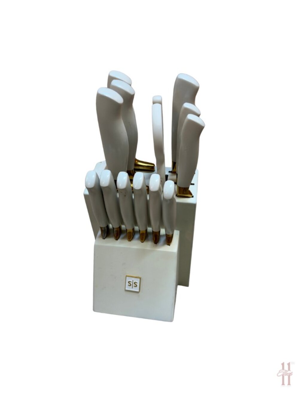 STYLED SETTINGS White and Gold Knife Set with White Self-Sharpening Block